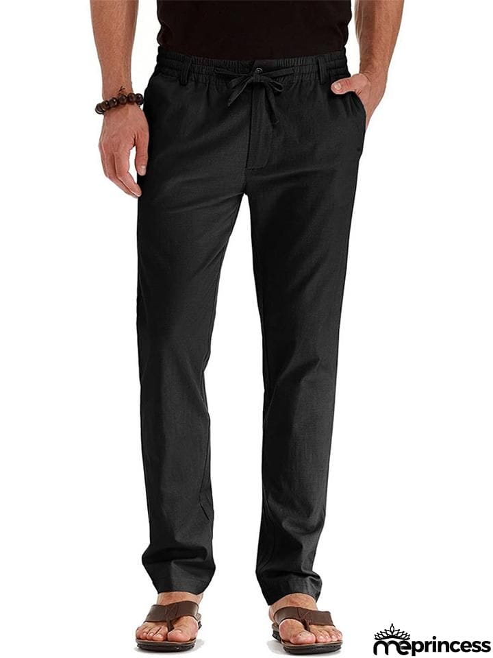 Men's Elastic Drawstring Waistband Casual Straight Cotton Pants