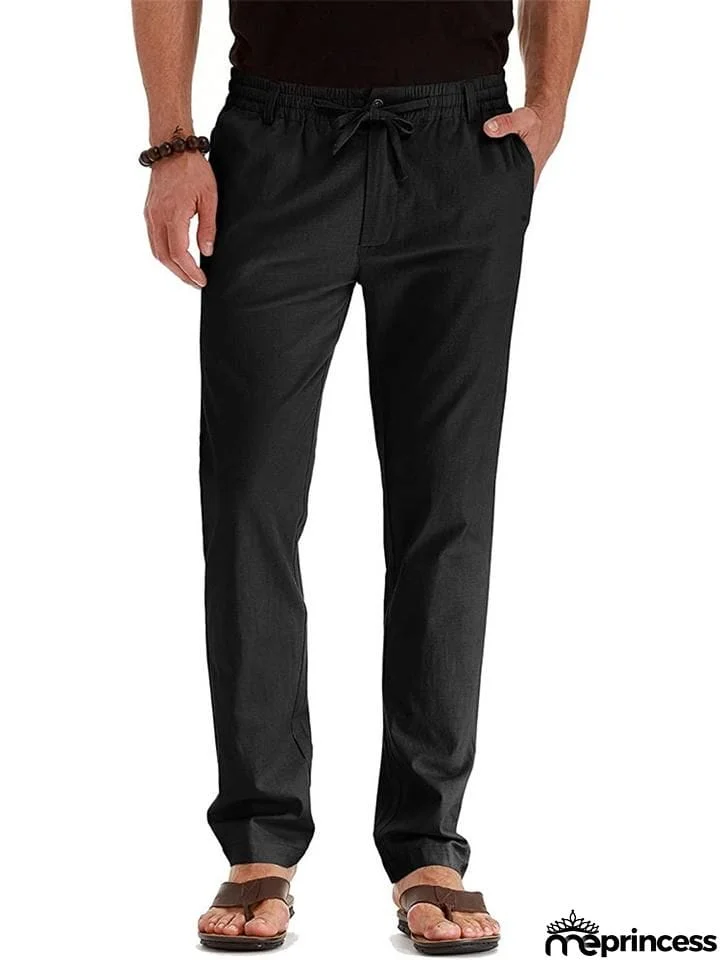 Men's Elastic Drawstring Waistband Casual Straight Cotton Pants