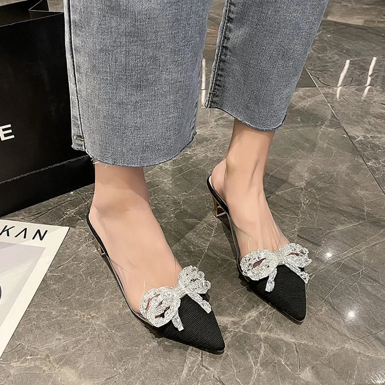 Wongn Wongn Summer New Korean Version Of The Bow Water Diamond Tip Head Half Drag High Heel Slippers Thin Heel Women's Shoes
