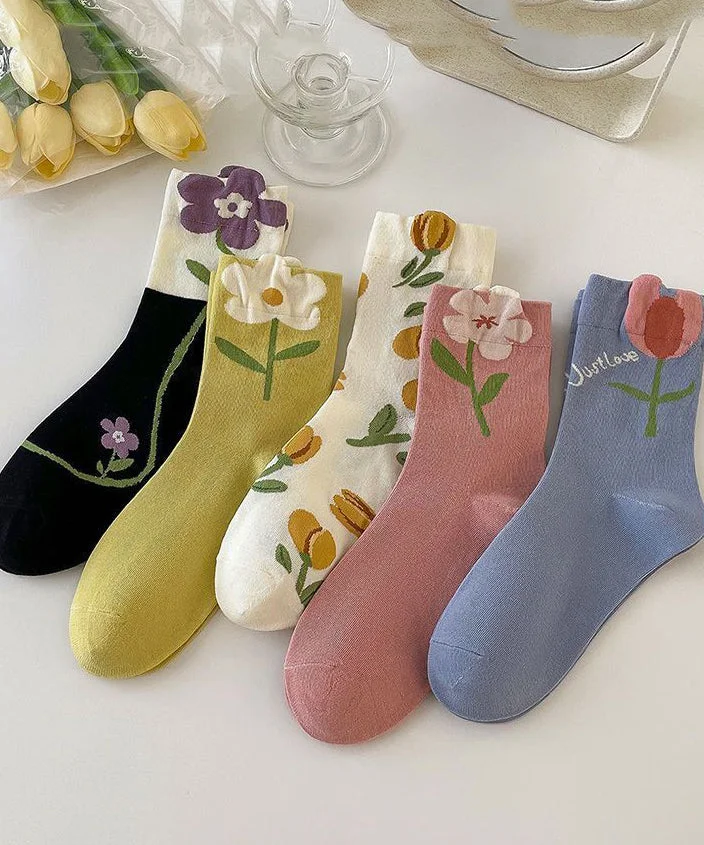 Women Flower Print Cotton Crew Socks