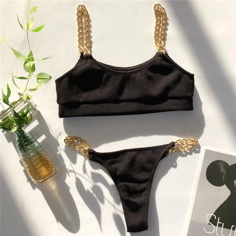 Peachtan Sexy bandeau bikini set 2021 Chain swimsuit female Black swimwear women Summer bathers bathing suit Mellatic biquini