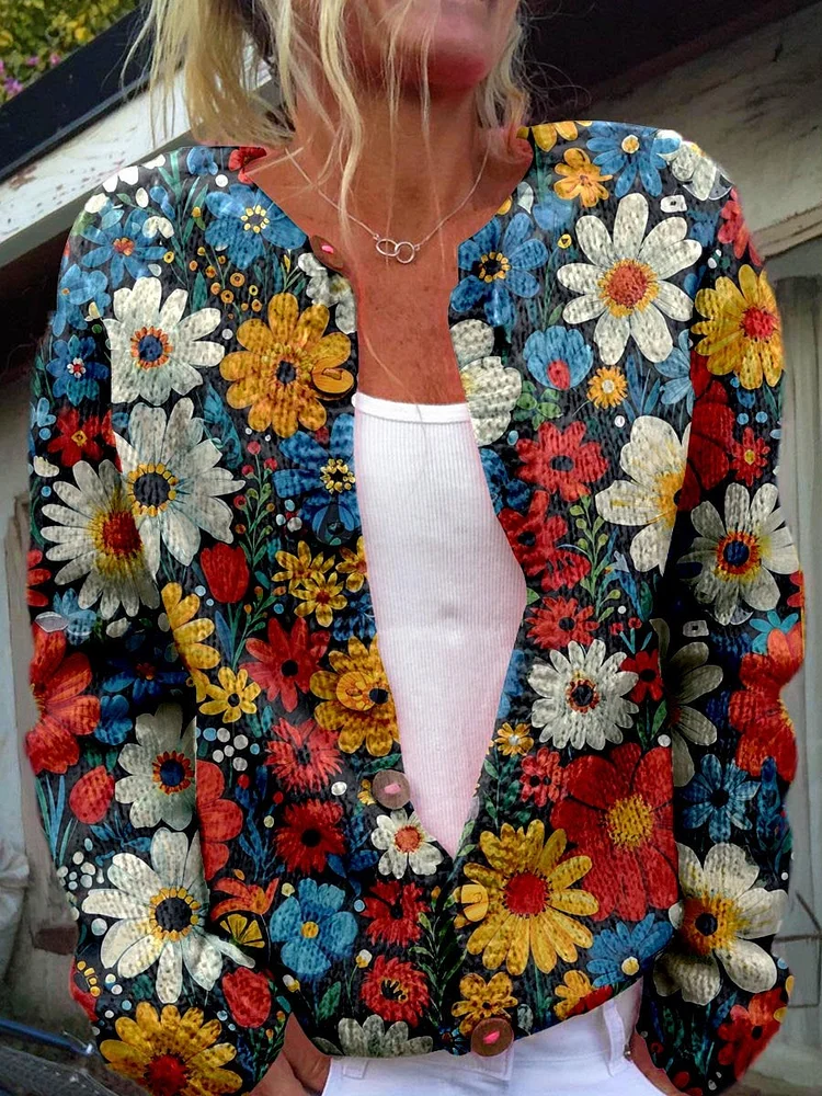 Flower Print Buttoned Cardigan Sweater