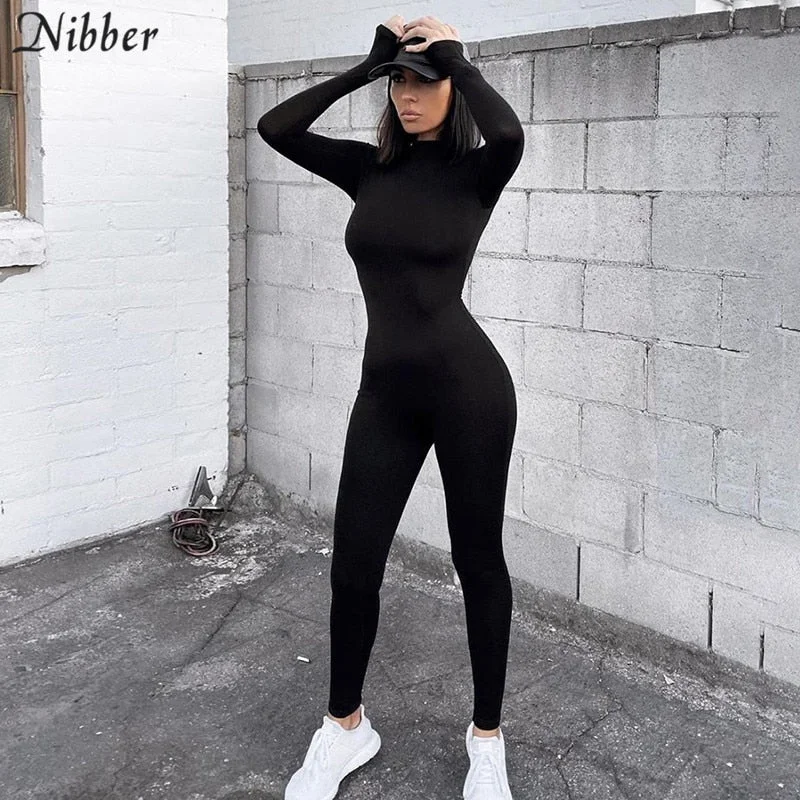 Nibber female simple bodycon solid color long-sleeve overalls for women leisure streetwear pure jumpsuit workout jogging romper