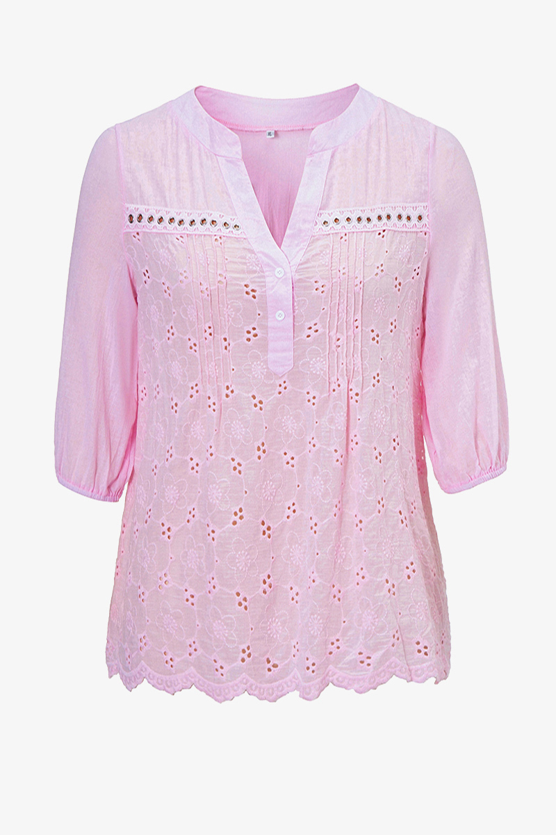 Plus Size Jacquard Button Up Split Neck 3/4 Sleeve Casual Blouses 2024 - Flycurvy 