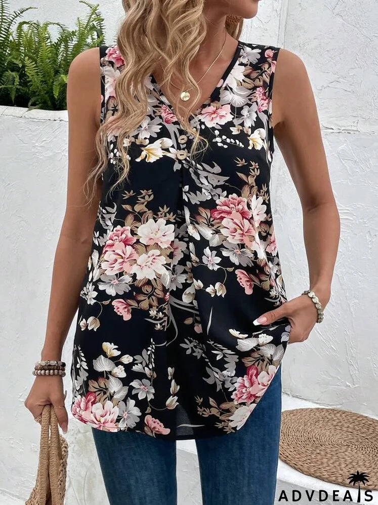 Floral Printed V-Neck Sleeveless Vest Top For Women, Summer