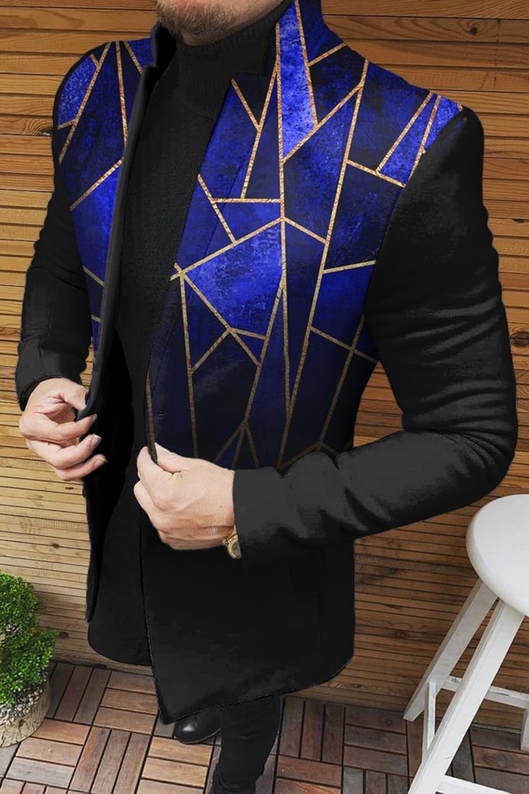 Tiboyz Men's Geometric Color Block Stand Collar Woolen Coat