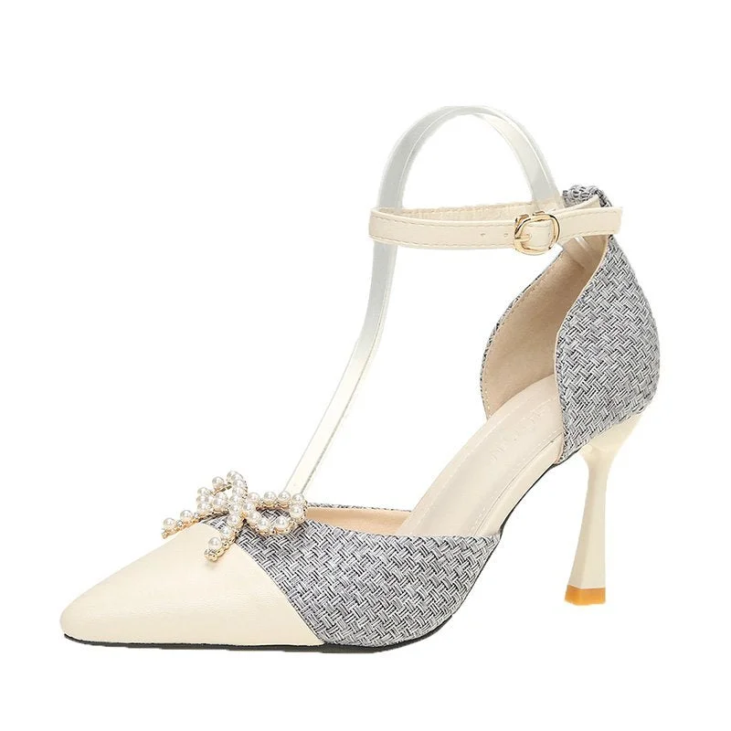 Women Sexy Pearl Bowknot Pumps 2022 New Ankle Strap Thin High Heels Party Shoes Woman Spring Summer Pointed Toe Sandals