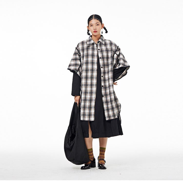 Fashion Loose Turn-down Collar Plaid Patchwork Split Hem Single-breasted Half Sleeve Shirt      