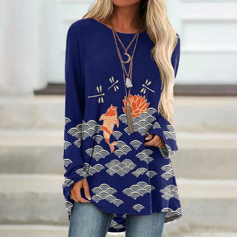 Japanese Koi Dragonfly Wave Art Print Casual Tunic