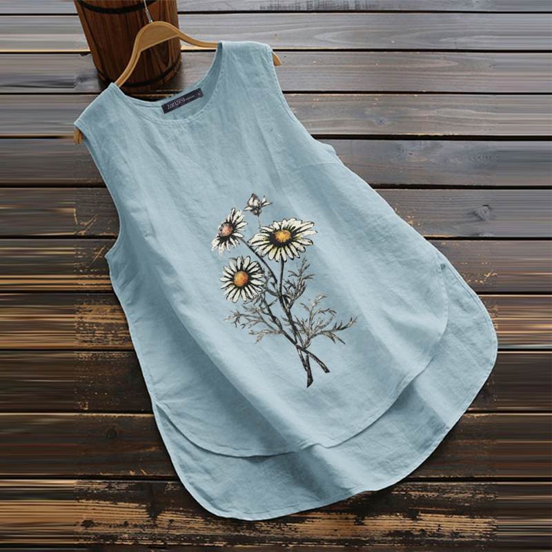 Women's Tank Tops 2020 Printed Blouse Casual Sleeveless Cotton Blusas Female Asymmetrical Tunic Oversized