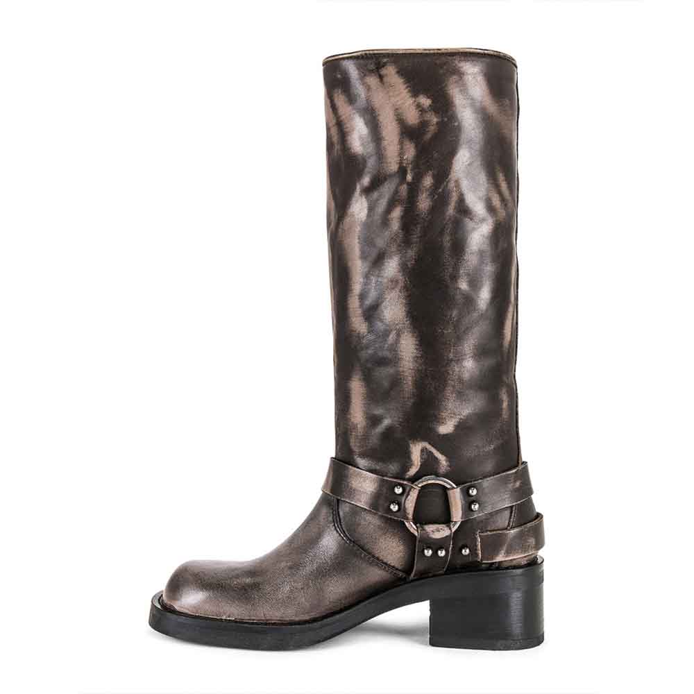 Black Square Toe Chunky Heel Buckled Knee High Boots Nicepairs