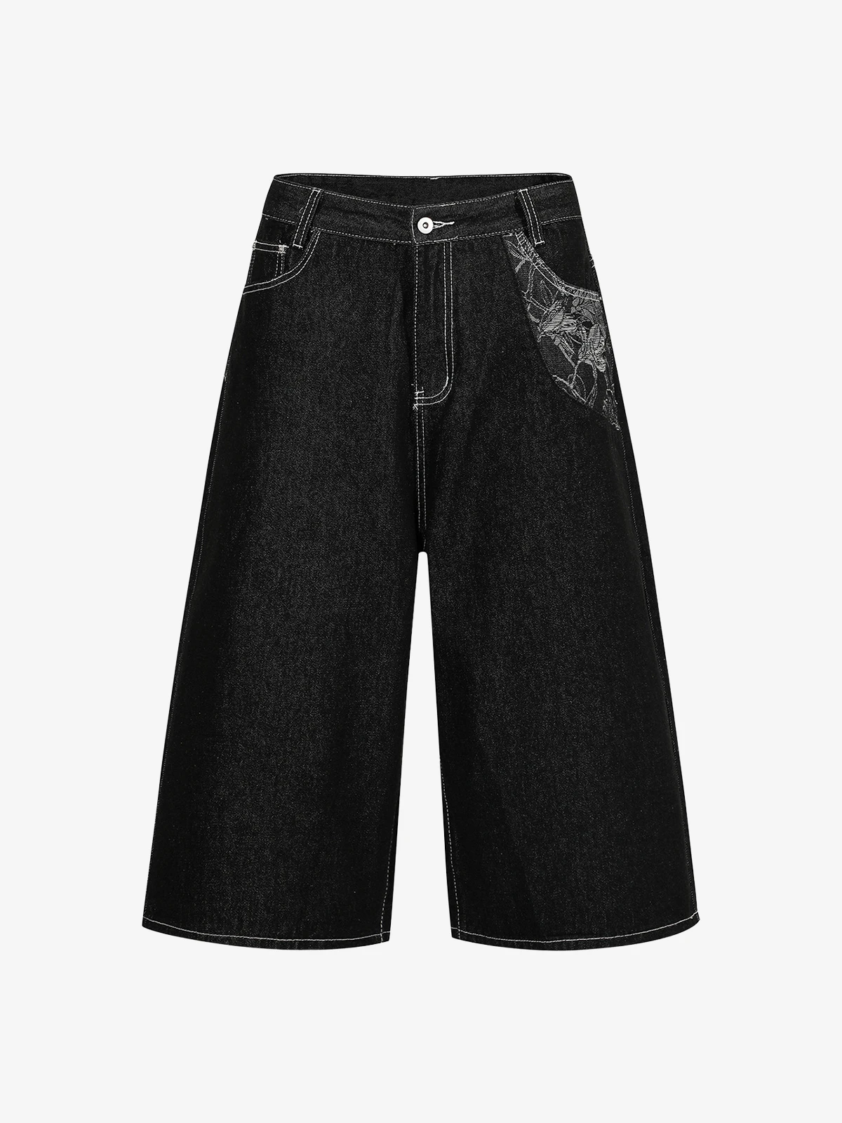 Black Act Chic Jacquard Embroidery Longline Jorts Front