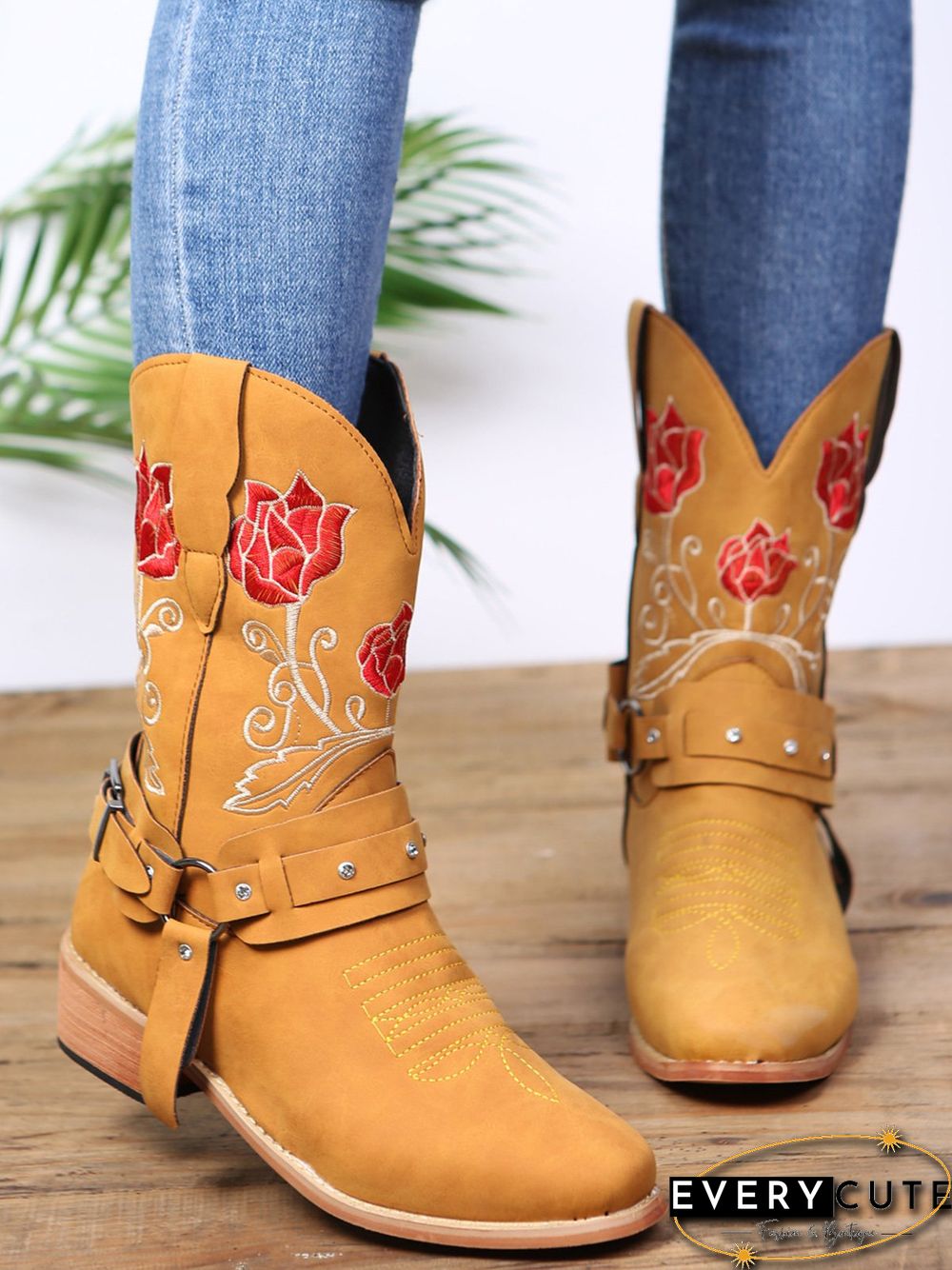 Vintage Floral Embroidered Sleeve Pointed Toe Chunky Heel Cowboy Boots