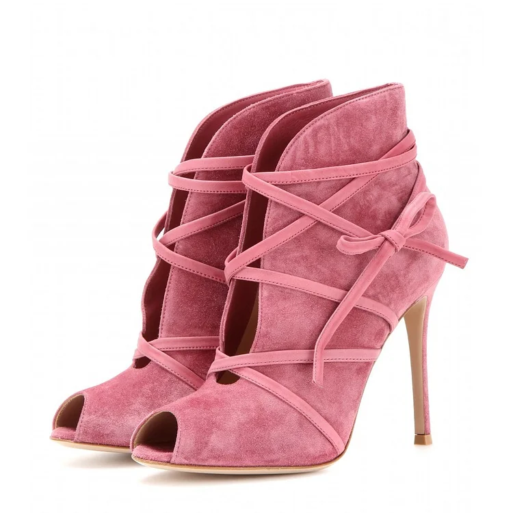 Women's Pink Peep Toe Booties Strappy Stiletto Heel Ankle Boots |FSJ Shoes