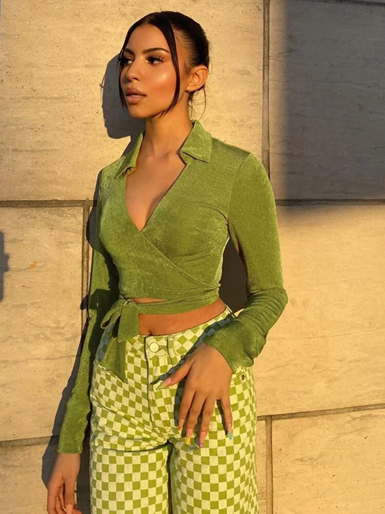 WannaThis Knitting Bandage Women Tops Sexy Casual Turn Down Collar Long Sleeve V-Neck Streetwear Waist Female Green T-Shirt 2021