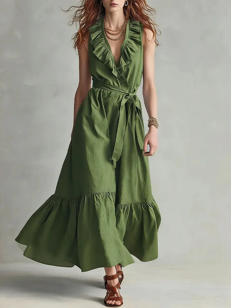 Women's Retro Ruffled Art Casual Stylish Sleeveless Cotton Linen Dress