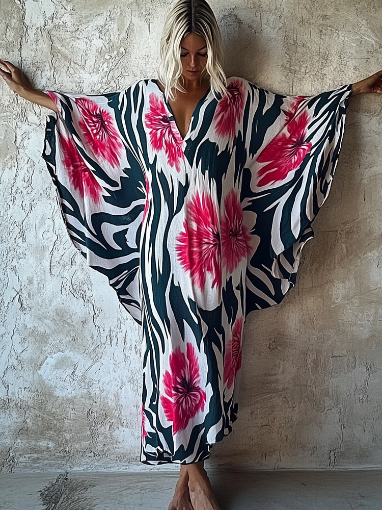 Cherry Blossoms Linen V-neck Long Kaftan