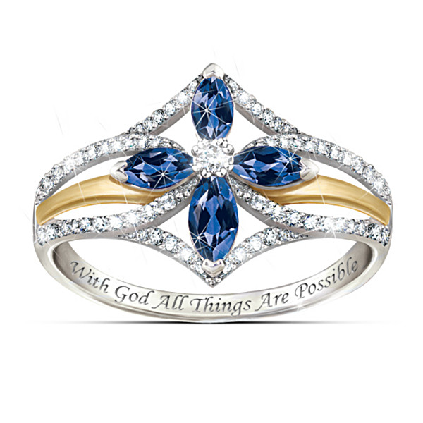 Vangogifts "The Promise Of Faith" Sapphire And White Topaz Cross Ring