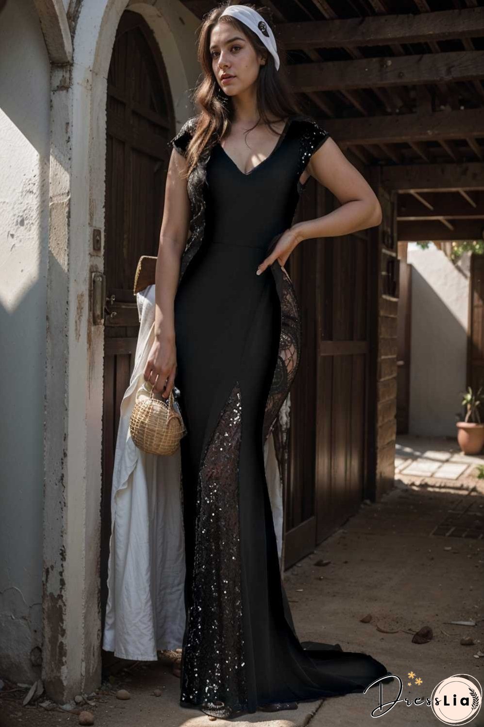 elegant sleeveless deep v neck fishtail evening gown