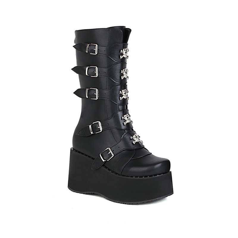 Buckle Straps Skull Decoration Monoblock Wedges Platform Boots
