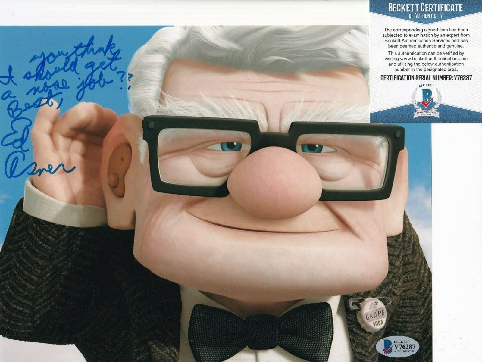 ED ASNER signed (UP) Carl autographed movie 8X10 Photo Poster painting BECKETT BAS V76287