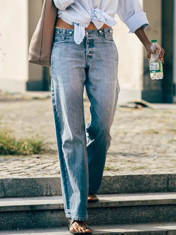 Street style casual solid color denim pocket button jeans pants