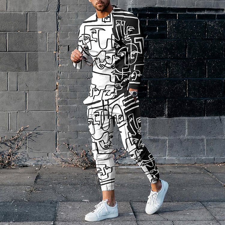 BrosWear Avant-Garde Contrasting Line Face Print T-Shirt And Pants Co-Ord