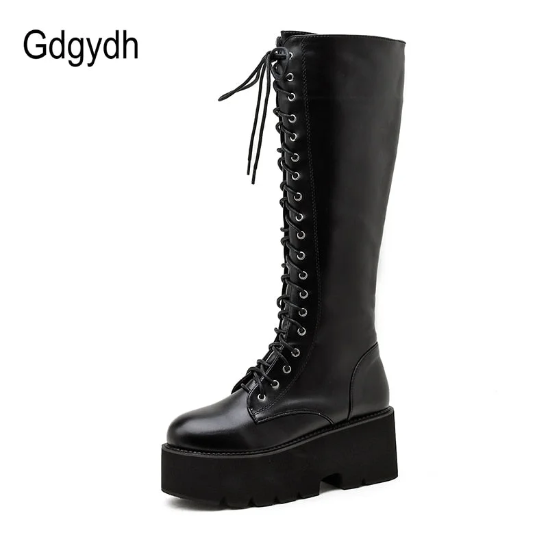 Gdgydh Chunky Platform Heels Pu Leather Knee High Boots Women Retro Punk Long Boots Woman Lace Up Booties Mujer 2021 New Fall