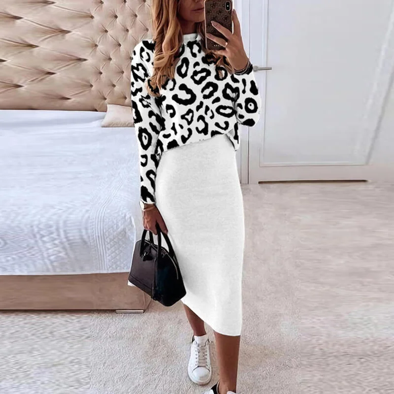 Jangj O-Neck Leopard Print Pullover Top And Skirt Set 2021 Autumn Winter Women Fashion Two Piece Set Casual Long Sleeve Outfit