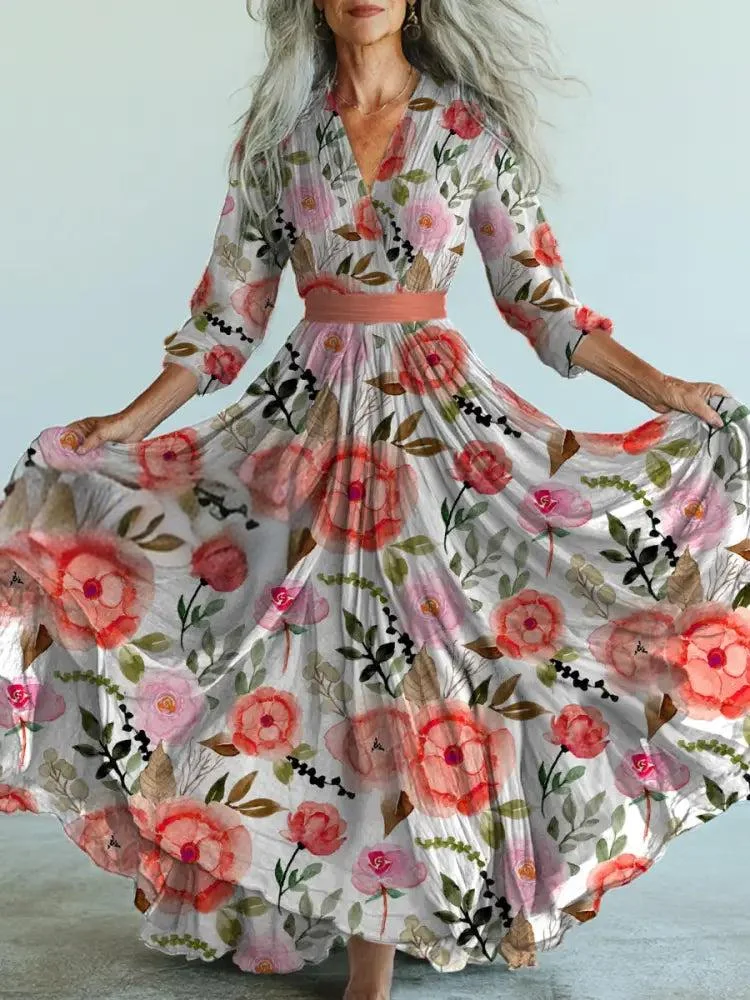Retro Boho Floral Art Printed Vintage V-Neck Long Sleeves Midi Dress