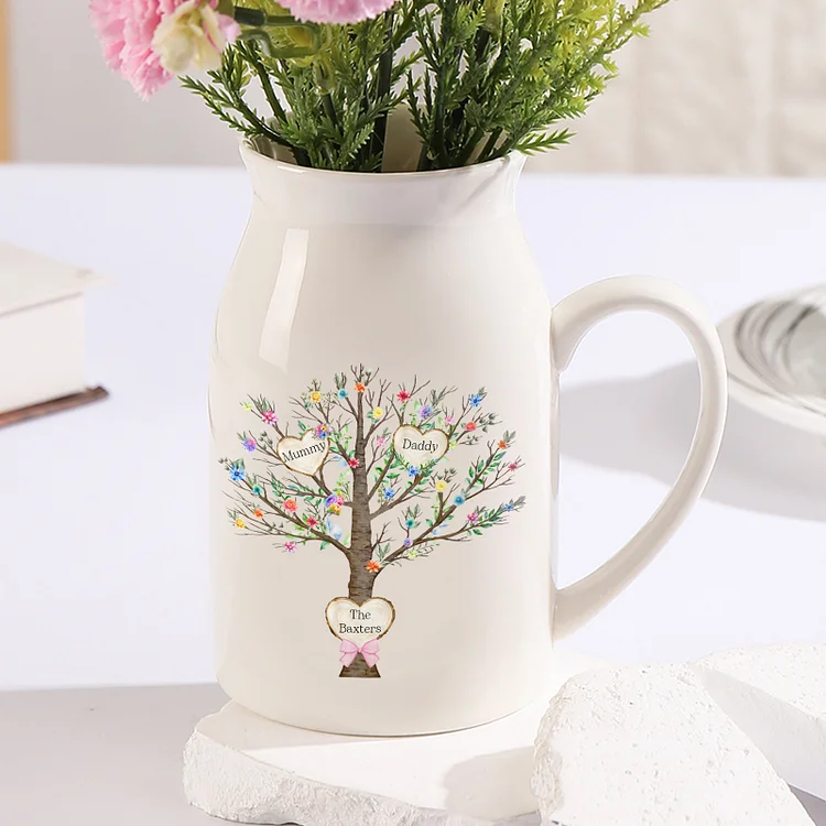 Personalized Ceramic Flower Vase Custom 2–8 Names & 1 Text Family Tree Vase Gift for Mother/Grandma