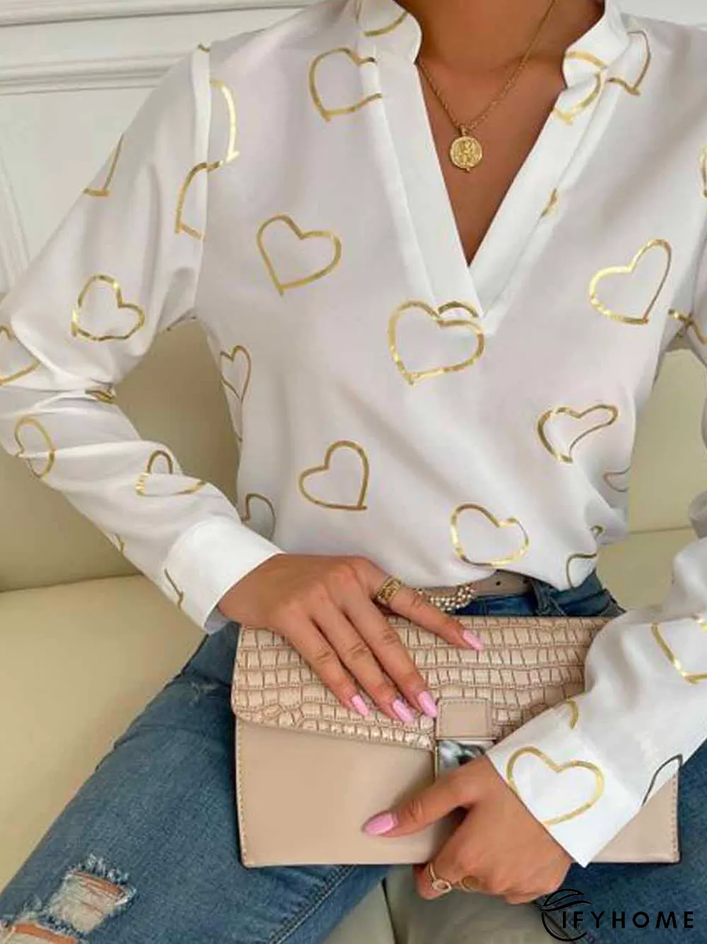 Heart/Cordate Casual V Neck Top | IFYHOME
