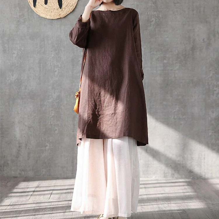 Italian o neck side open linen Robes Neckline chocolate Dress summer