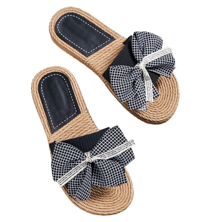 Summer Ribbon Rope Bow Flax Home Slippers Women Shoes Indoor Linen Slippers Lightweight Beach Footwear Sandals Plus Size hy446