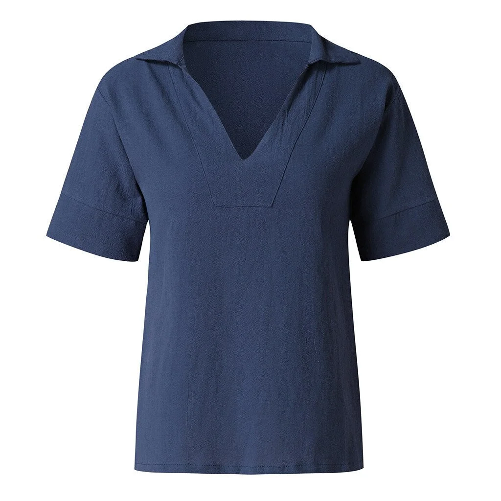 Plus Size Fashion Cotton Linen Blouse Sexy Loose V-Neck Tops Tee Casual Summer Ladies Female Women Short Sleeve Blusas Pullover