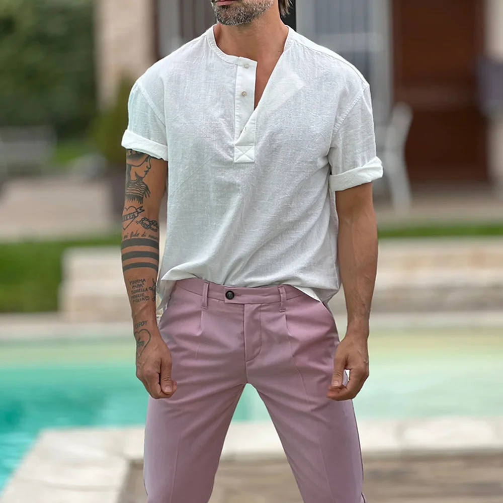 Smiledeer New solid color cotton and linen short-sleeved shirt for men
