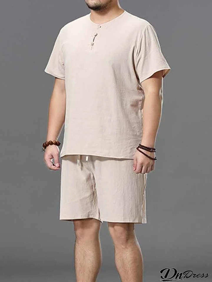 Plus Size Plain Button Up T-Shirt+Shorts Sets