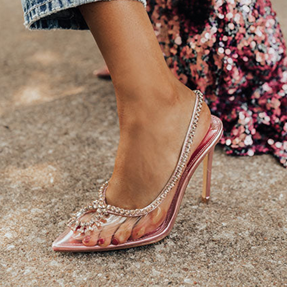 Pink & Clear PVC Pointed Toe 4'' Stiletto Heel Rhinestone Slingbacks Nicepairs