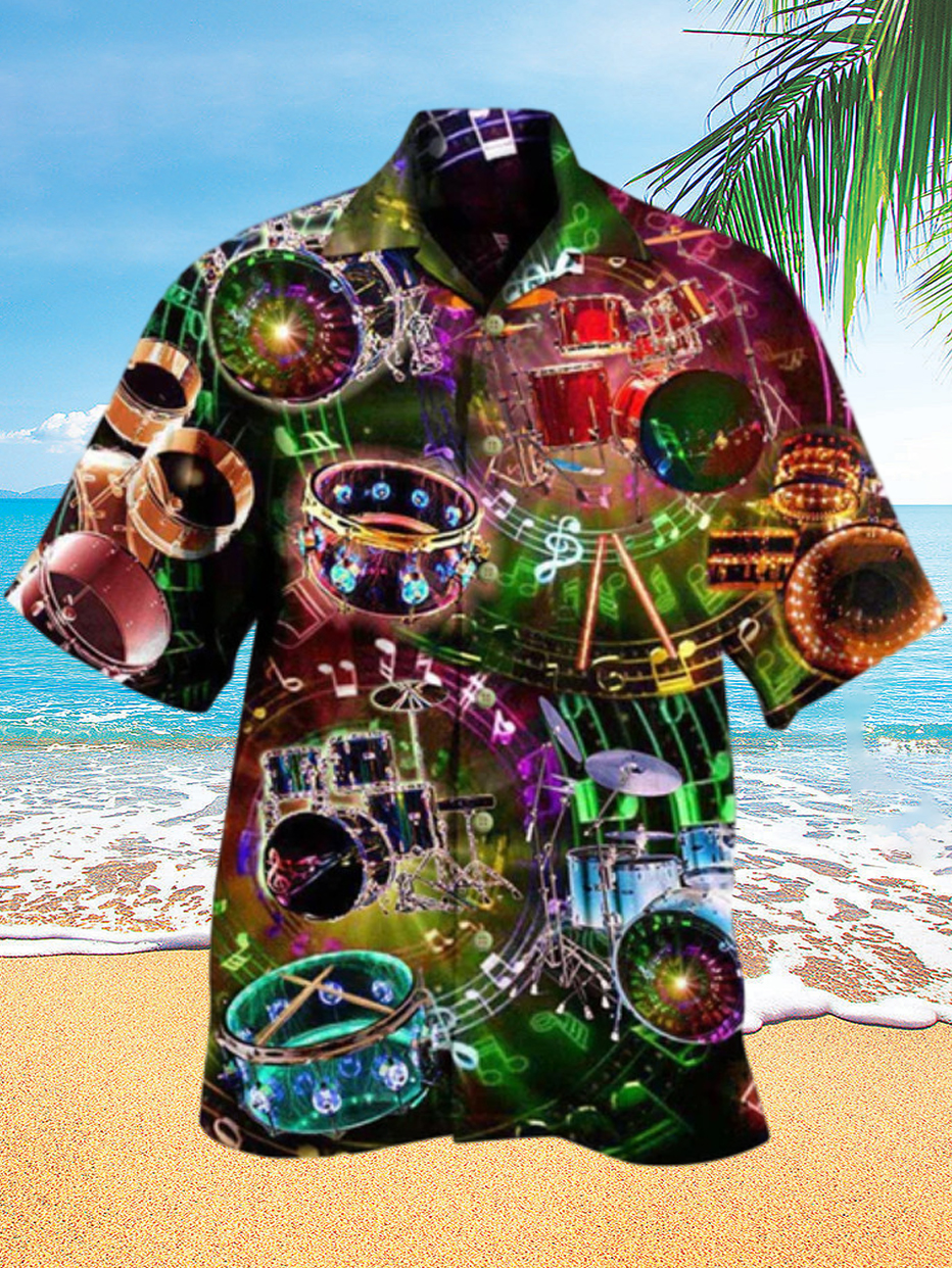 Neon Instrumental Music Party Print Hawaiian Short Sleeve Cuban Collar Shirt ​ PLUSCLOTHESMAN