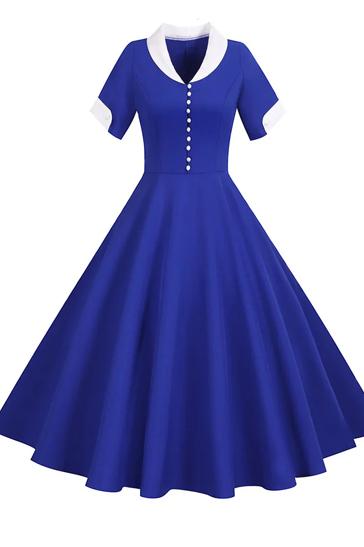 1950s Royal Blue Party Shirt Collar Short Sleeve A-line Midi Dress