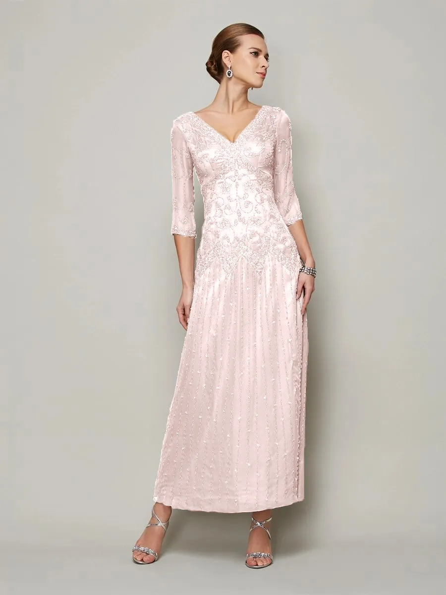 Daisda Grey V-Neck 3/4 Sleeve Tea Length Sheath Mother Of The Bride Dress With Beadings