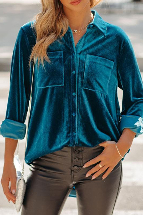 Casual Solid Pocket Buckle Turndown Collar Tops(3 colors)