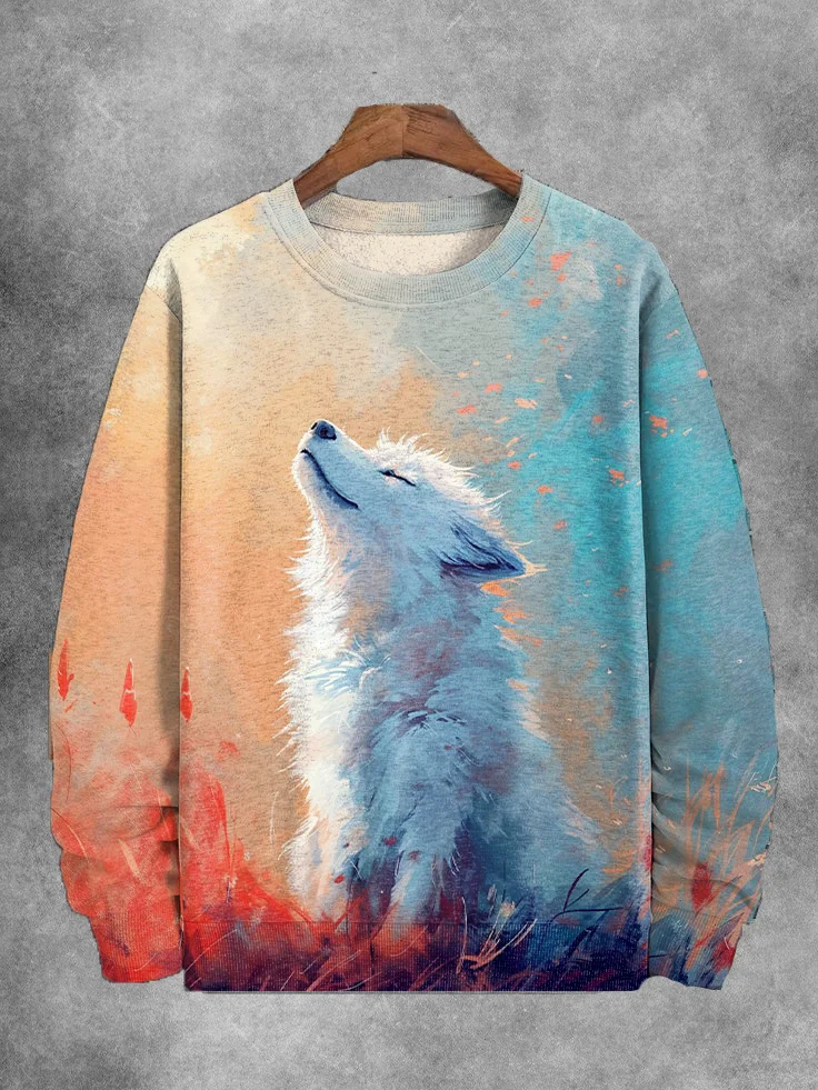 Men's White Fox In The Wind Oil Painting Art Print Casual Sweatshirt