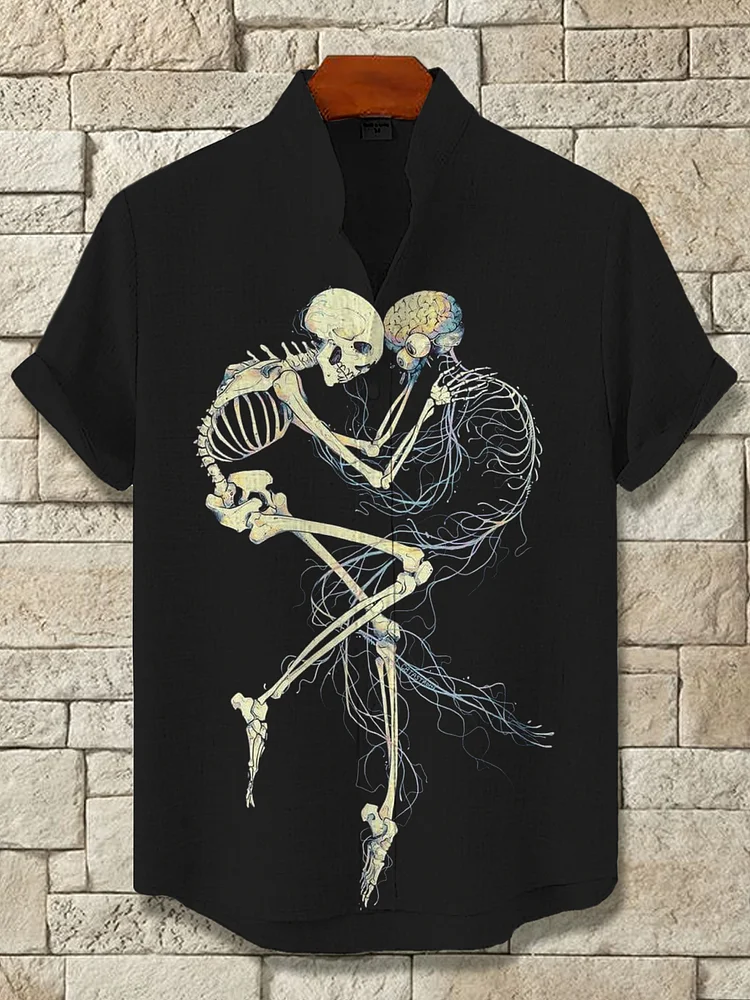 Men's Skeleton Couple Love Art Print Casual Shirt