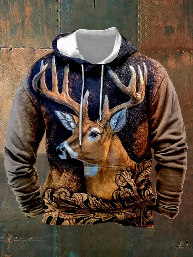 Men's Retro Three-Dimensional Engraved Elk Print Hooded Sweatshirt