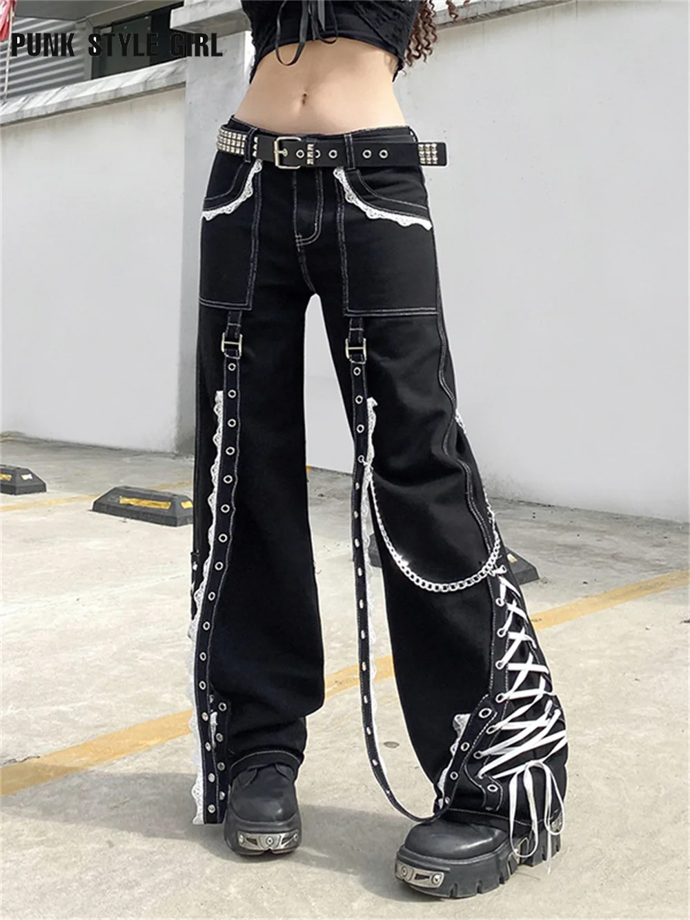 Jangj Punk Emo Jeans Women Fairycore Baggy Joggers Tie Up Denim 90s Gothic Alt Cargo Pants Cyber Y2k Trousers Hippie Wide Leg Pants