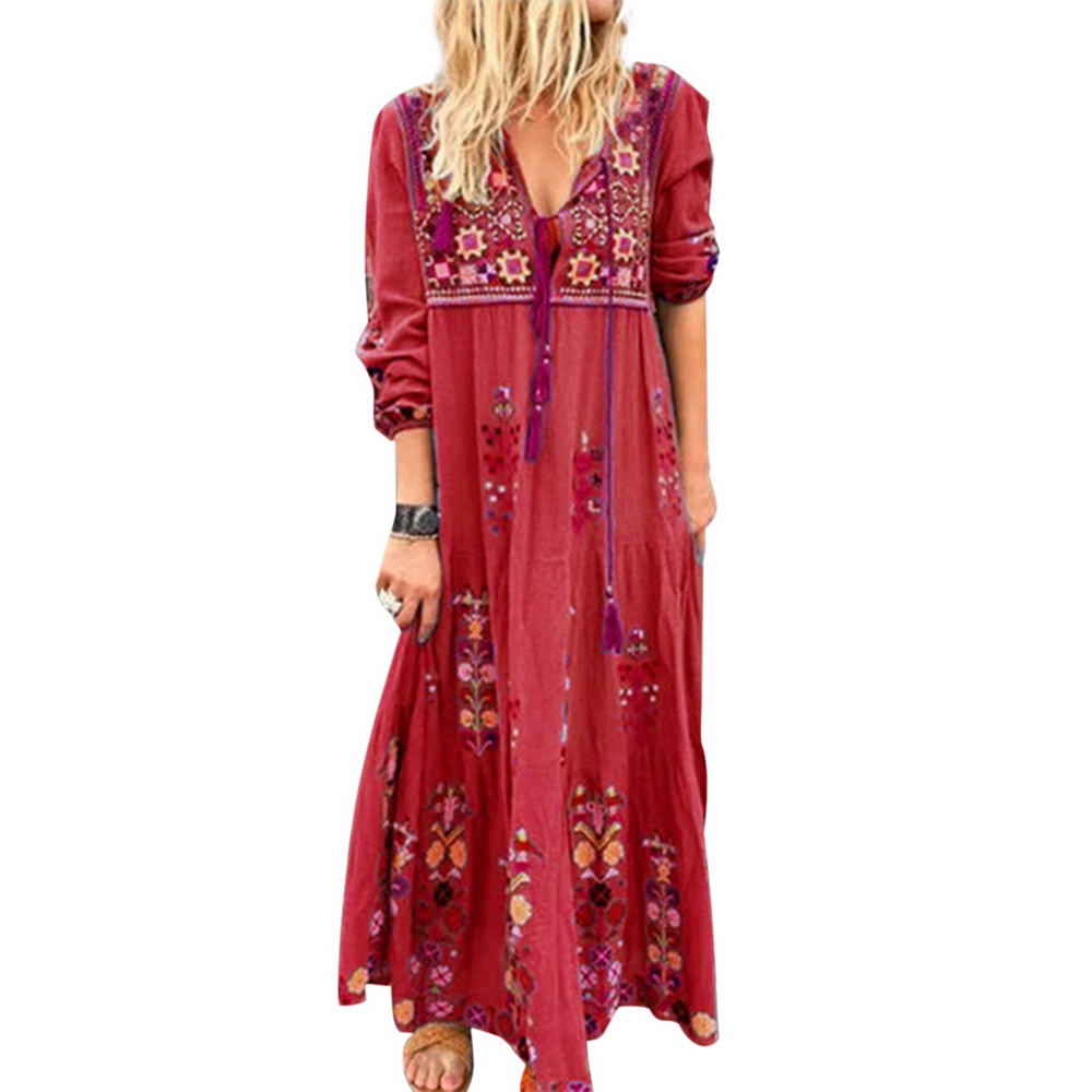 Boho Drawstring V Neck Long Sleeves Casual Loose Printed Party Maxi Dress