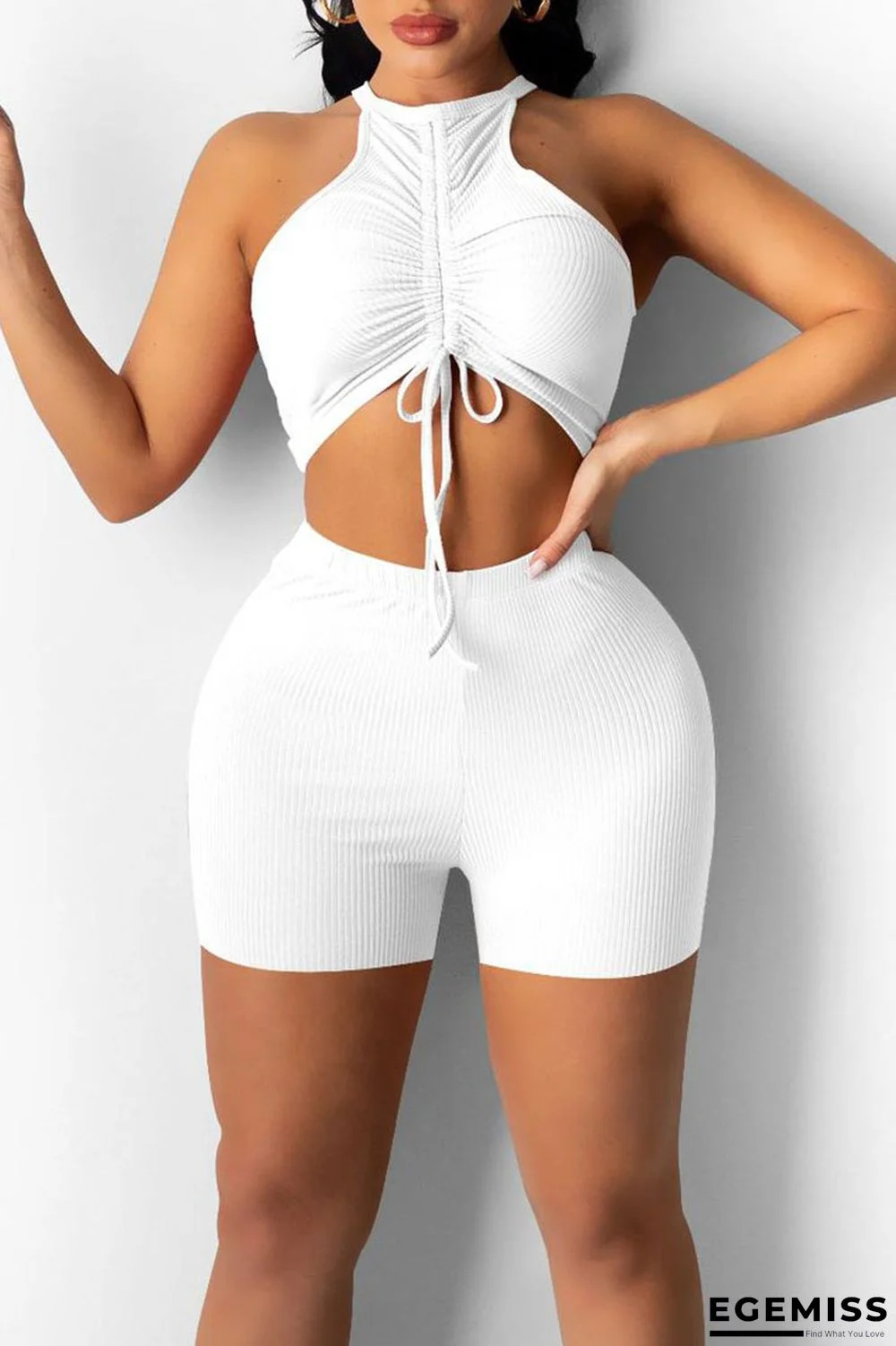 White Sexy Sportswear Solid Patchwork Draw String Fold O Neck Sleeveless Two Pieces | EGEMISS