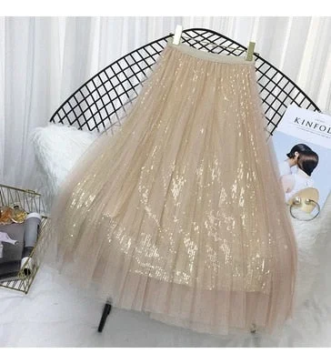 Spring Summer Skirts Women Korea Long Tulle Skirt Sequined Pleated A Line Midi Skirt Chic High Waist Skirt Female