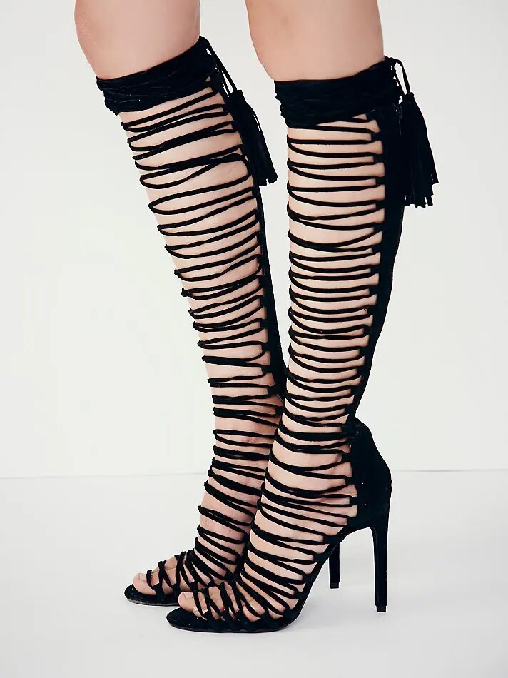 VCSHOES Thin Strappy Back Tassel Sandals Boots Suede Straps Cut Out Fringed Over The Knee Boots High Heels Boots